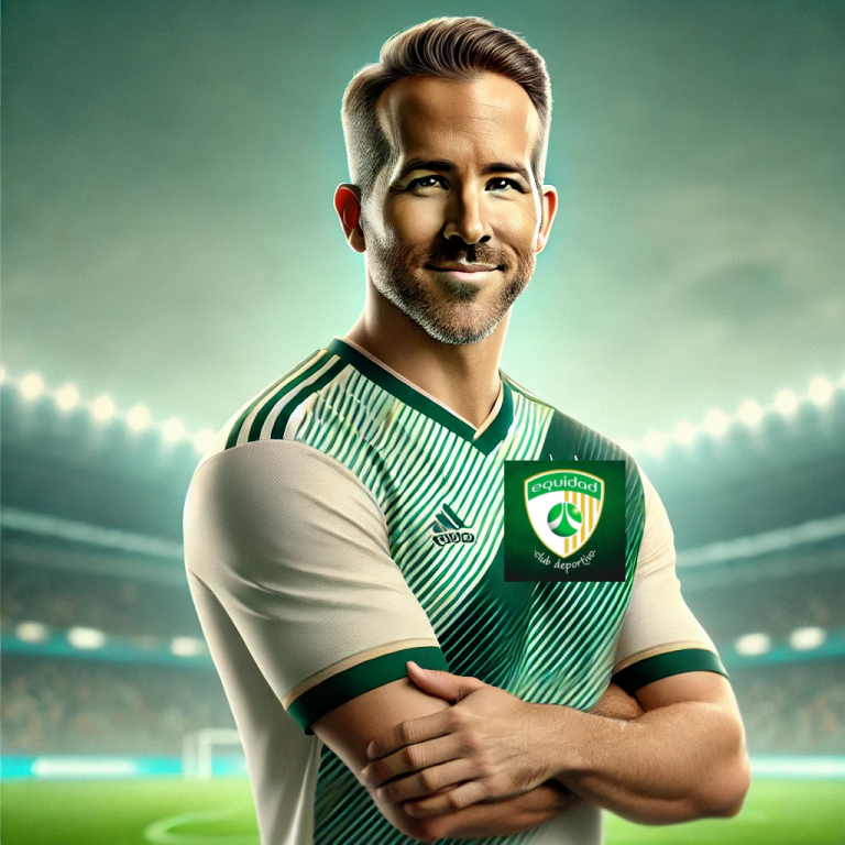 DALL·E 2025-01-20 20.00.50 - A fictional actor resembling Ryan Reynolds, wearing a stylish soccer jersey inspired by the green and white color scheme of the Colombian soccer team